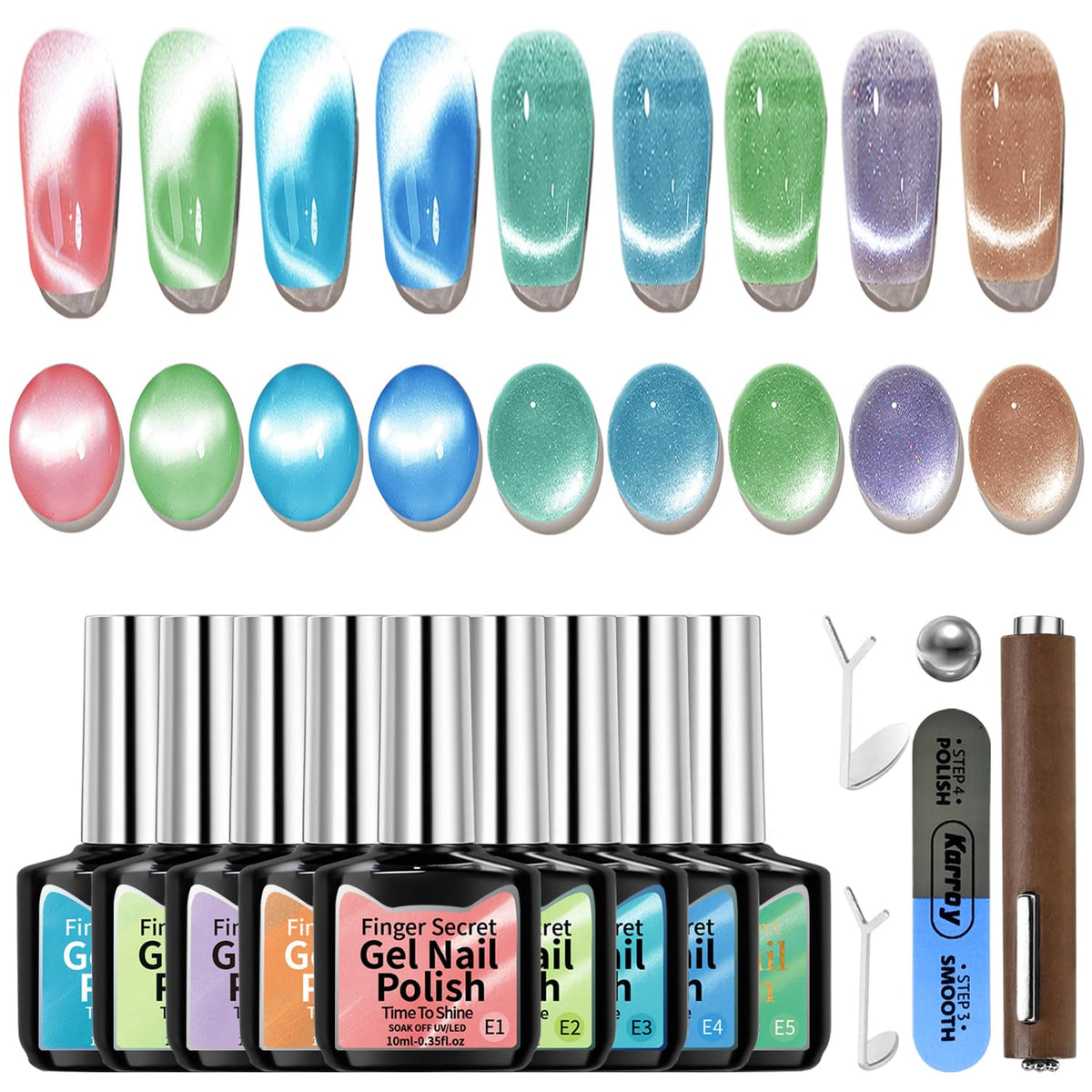 Karroy Cat Eye gel nail polish bottle with magnetic effect for at-home salon results.
