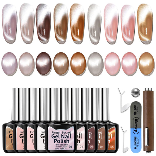 Karroy Cat Eye gel polish kit showcases nine 10ml bottles with shimmering magnetic color.