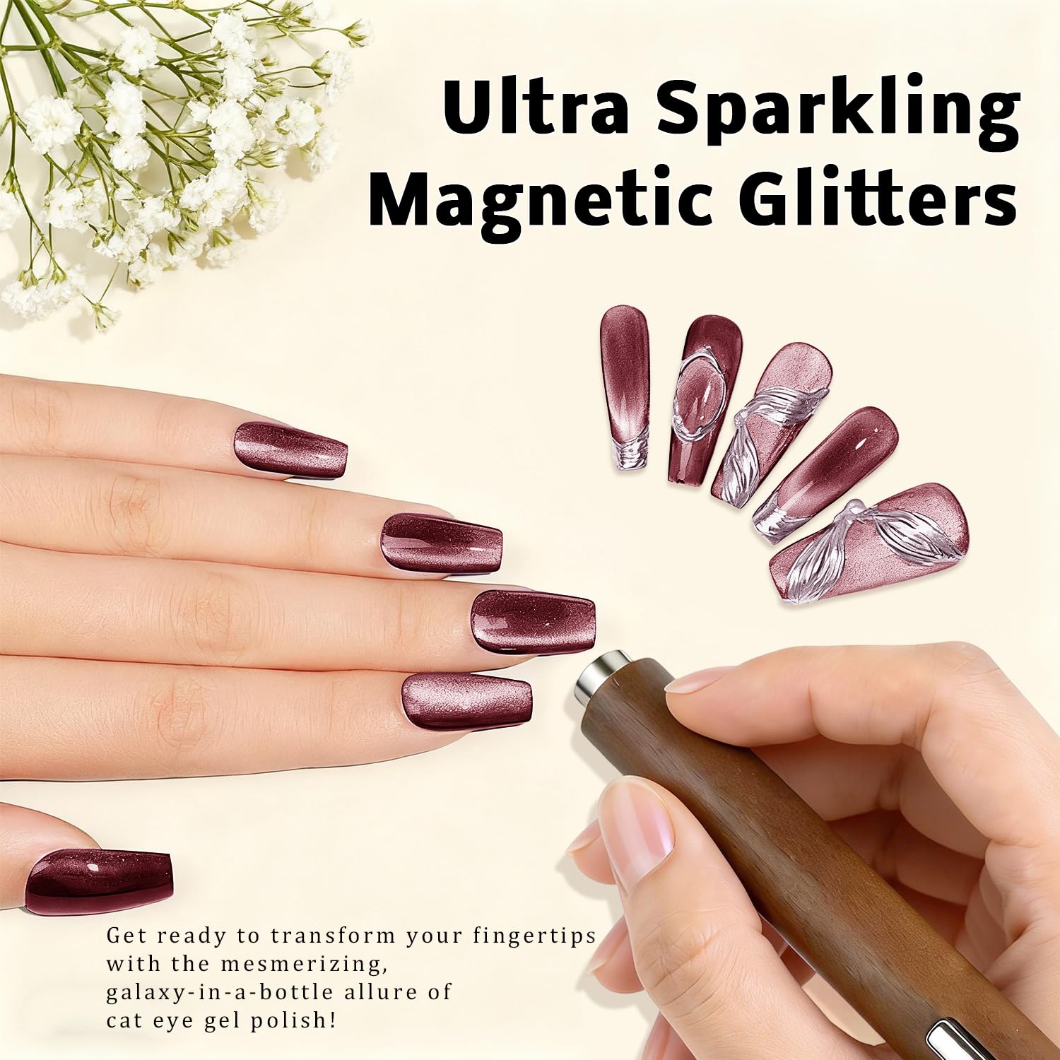 Karroy-cat-eye gel polish swirl with shimmering effect on nails