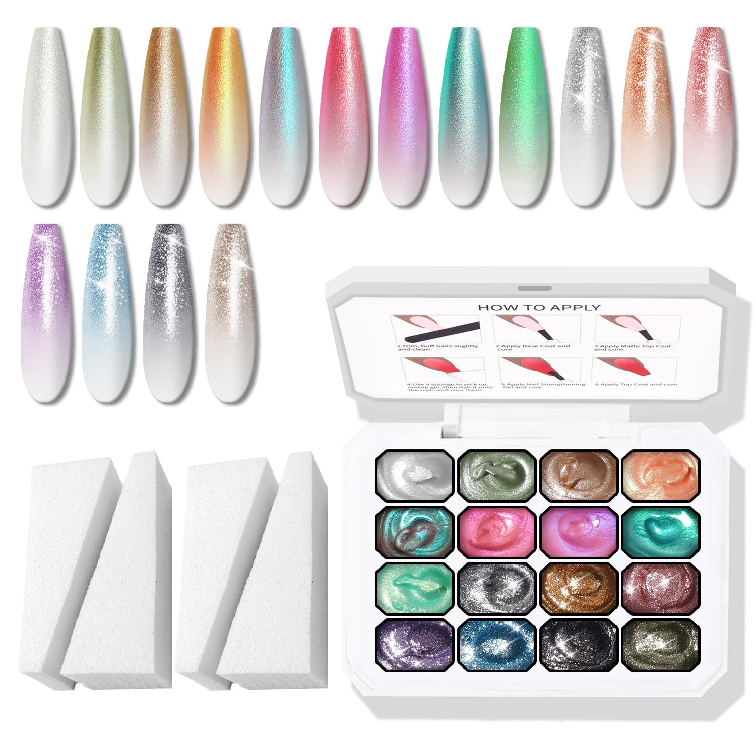 Karroy Glitter Pat Gel Nail Palette with 16 colors for seamless ombre gradients.