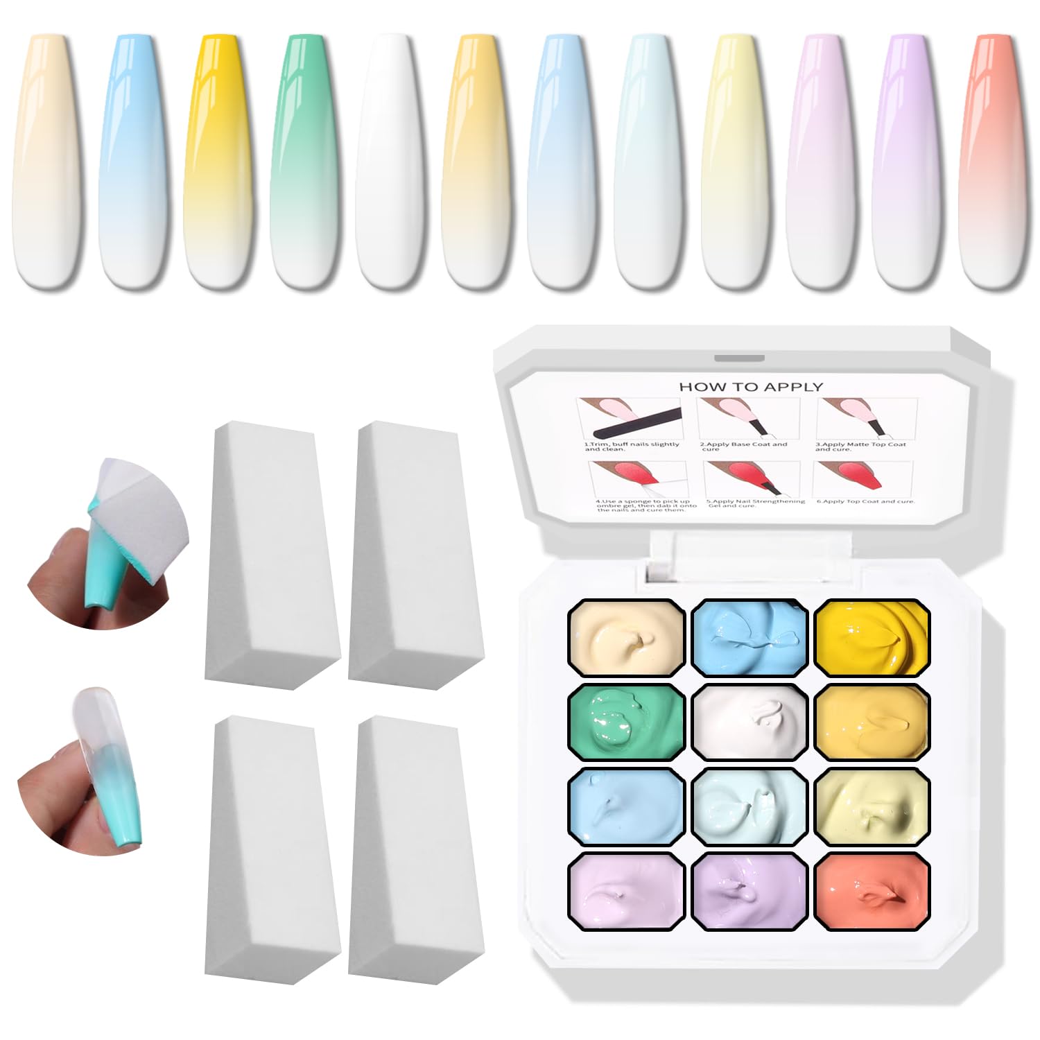 Karroy Sponge Pat Gel Nail Palette with vibrant ombre swatches.