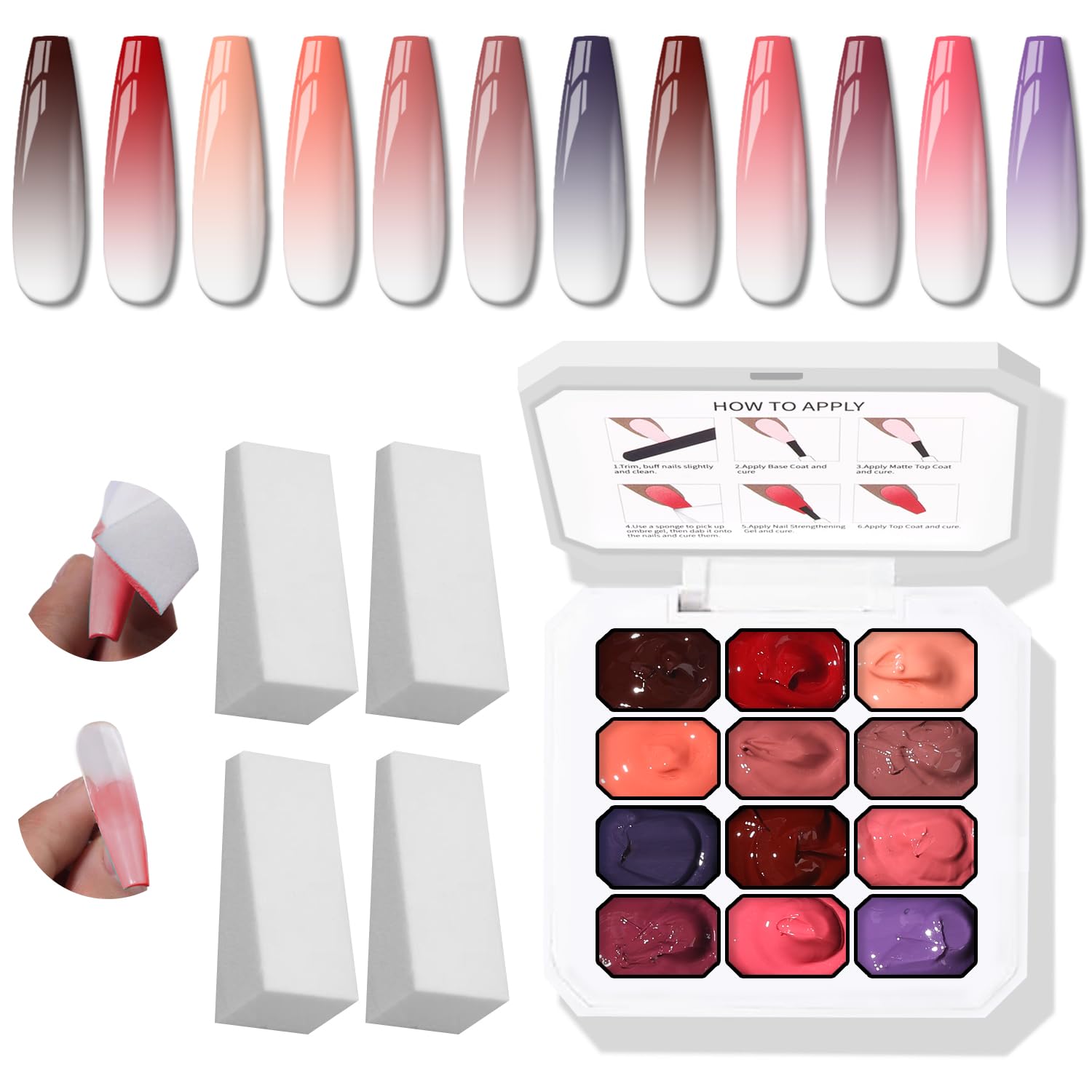 Karroy Sponge Pat Gel Palette with 12 ombre colors for easy gradients.