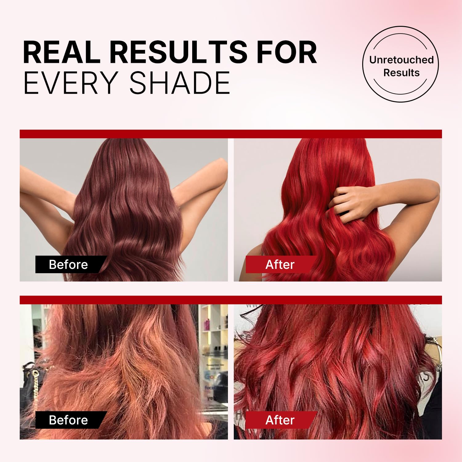 Rinsed hair shows soft shine and enhanced red highlights after use