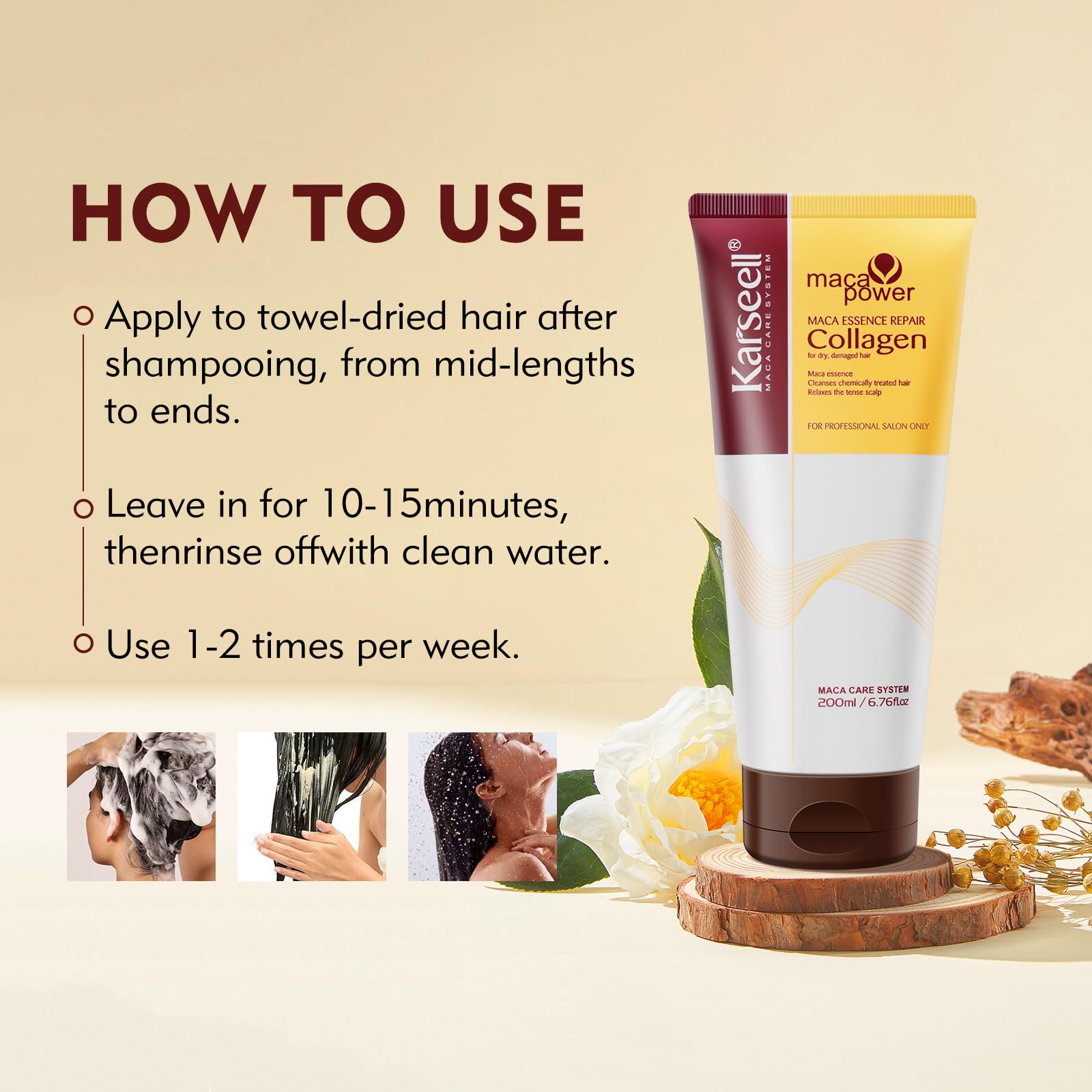 Karseell hair care routine scene with mask in use for frizz control and shine