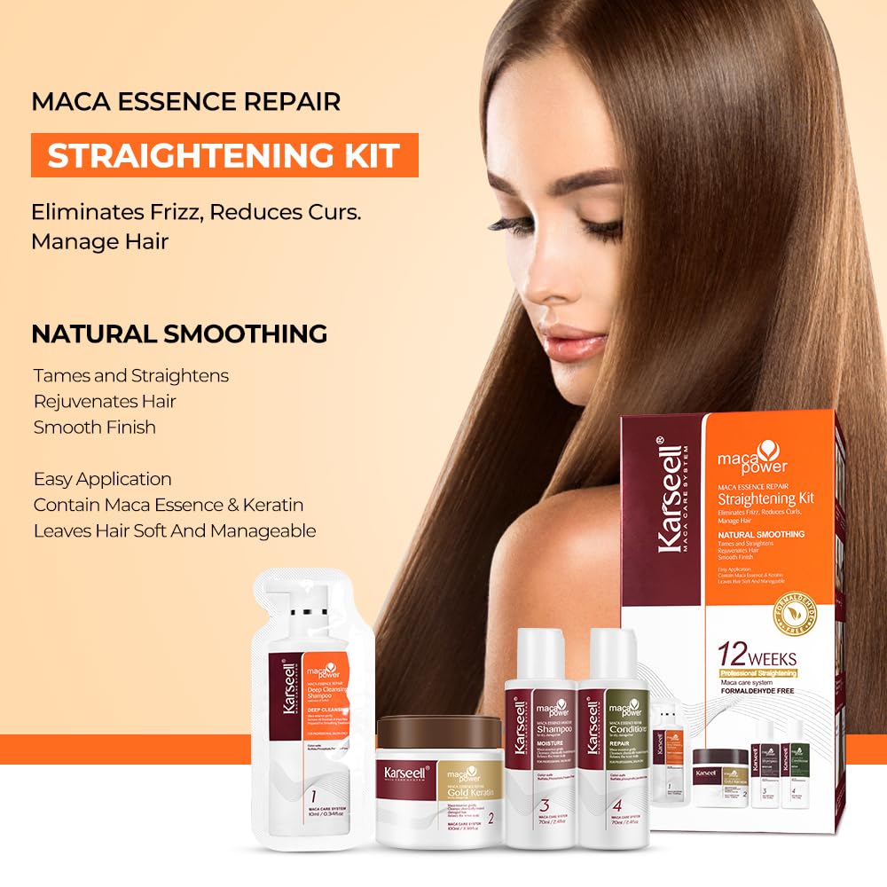 Karseell Maca essence 100ml keratin bottle highlighting home salon-ready results.