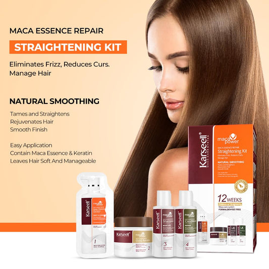 Karseell Maca essence 100ml keratin bottle highlighting home salon-ready results.