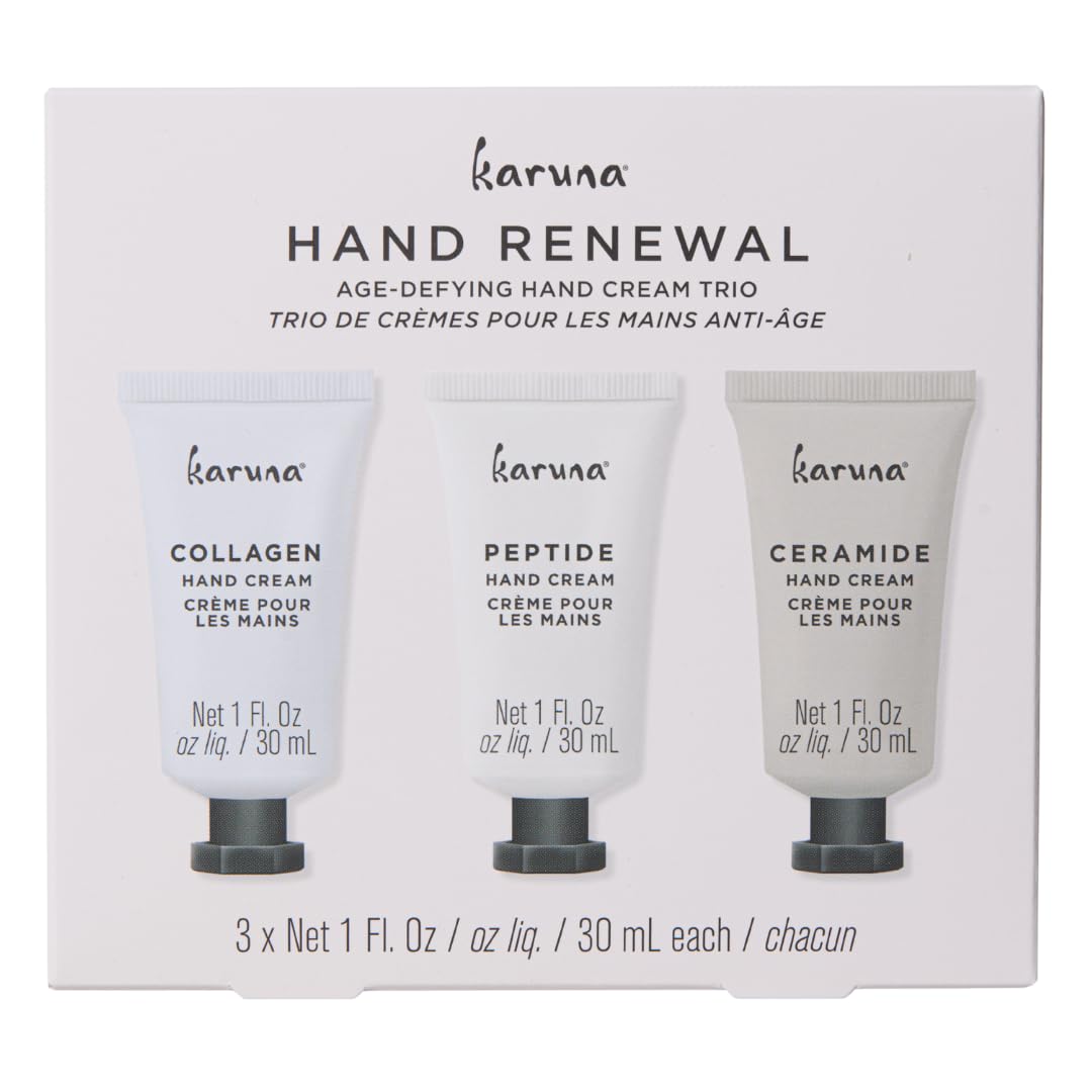 Karuna age-defying hand cream trio packaging for gifting and on-the-go hydration.