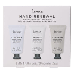 Karuna age-defying hand cream trio packaging for gifting and on-the-go hydration.