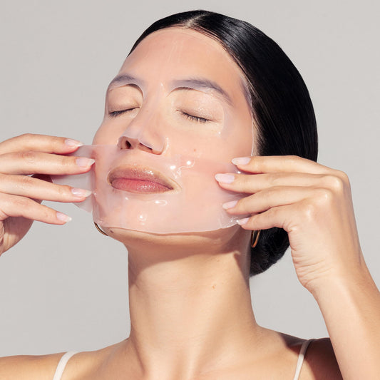 Karuna collagen hydrogel mask closeup shows smooth texture and even coverage