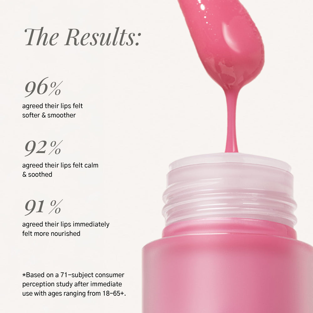 Karuna Float lip oil on lips demonstrating smooth, non sticky texture