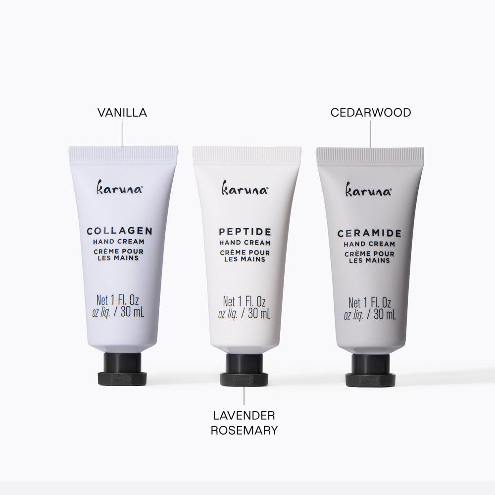Karuna Woodsy Cedarwood scent hand cream for enduring hydration.