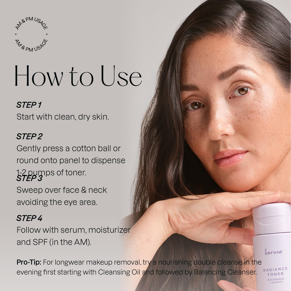 Dispensing pump on Karuna Hydrating Face Toner for precise application.
