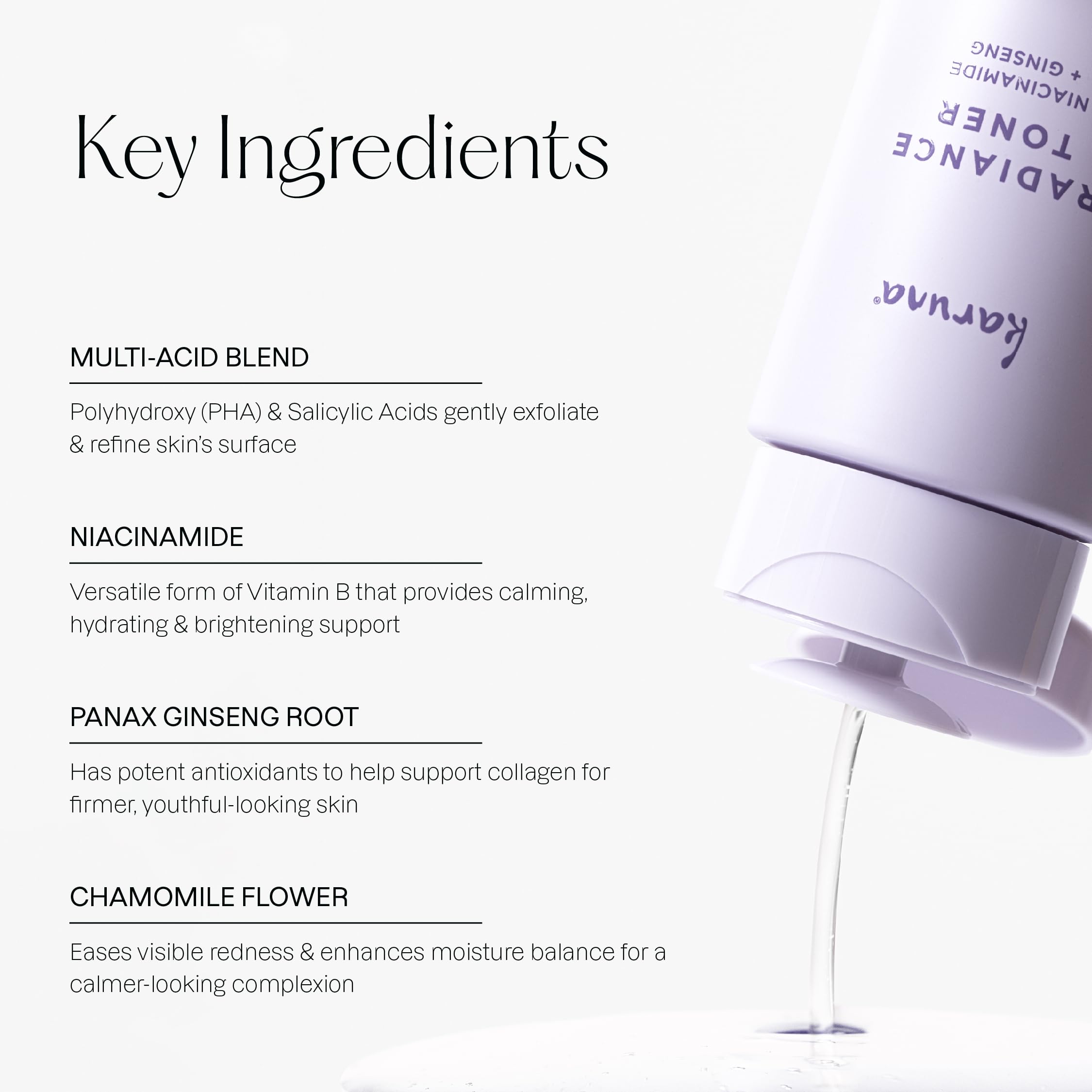 Label close-up highlighting Niacinamide and Red Ginseng for balanced tone.