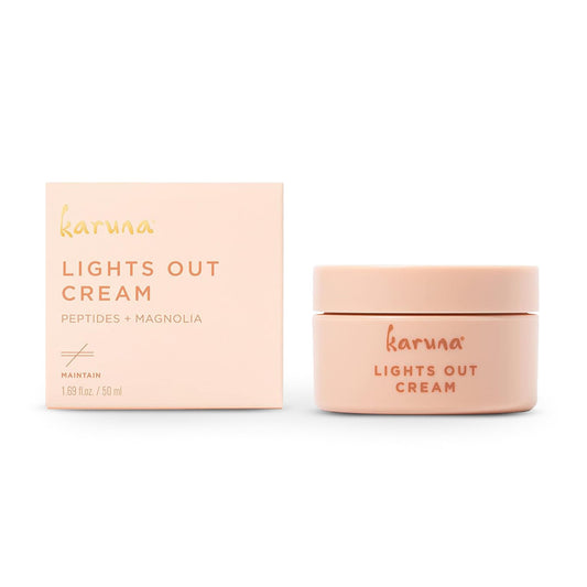 Karuna Lights Out Cream jar closeup showing rich night moisturizer for balanced skin.