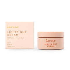 Karuna Lights Out Cream jar closeup showing rich night moisturizer for balanced skin.