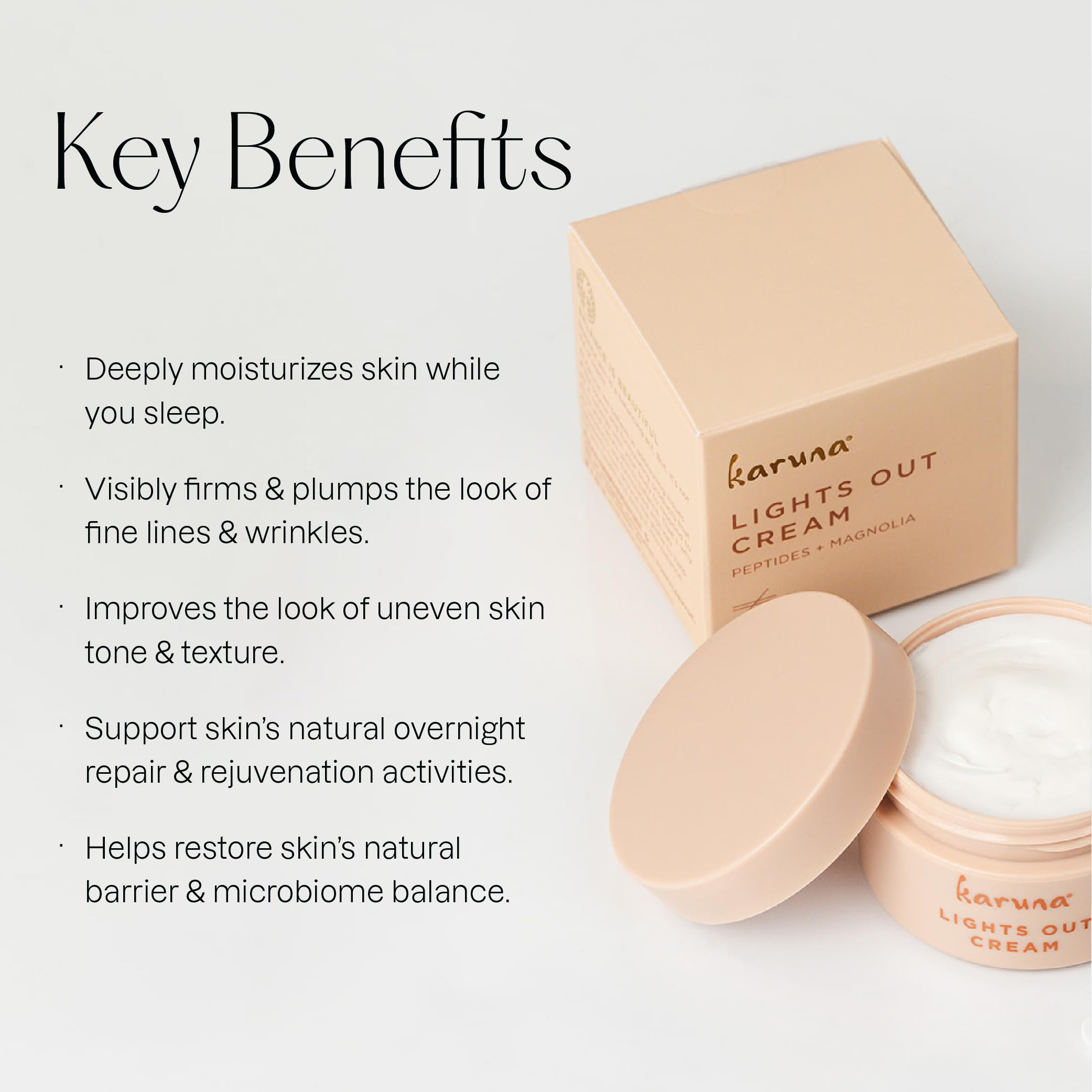 Karuna Lights Out Cream featuring Magnolia fruit for natural nourishment at night.
