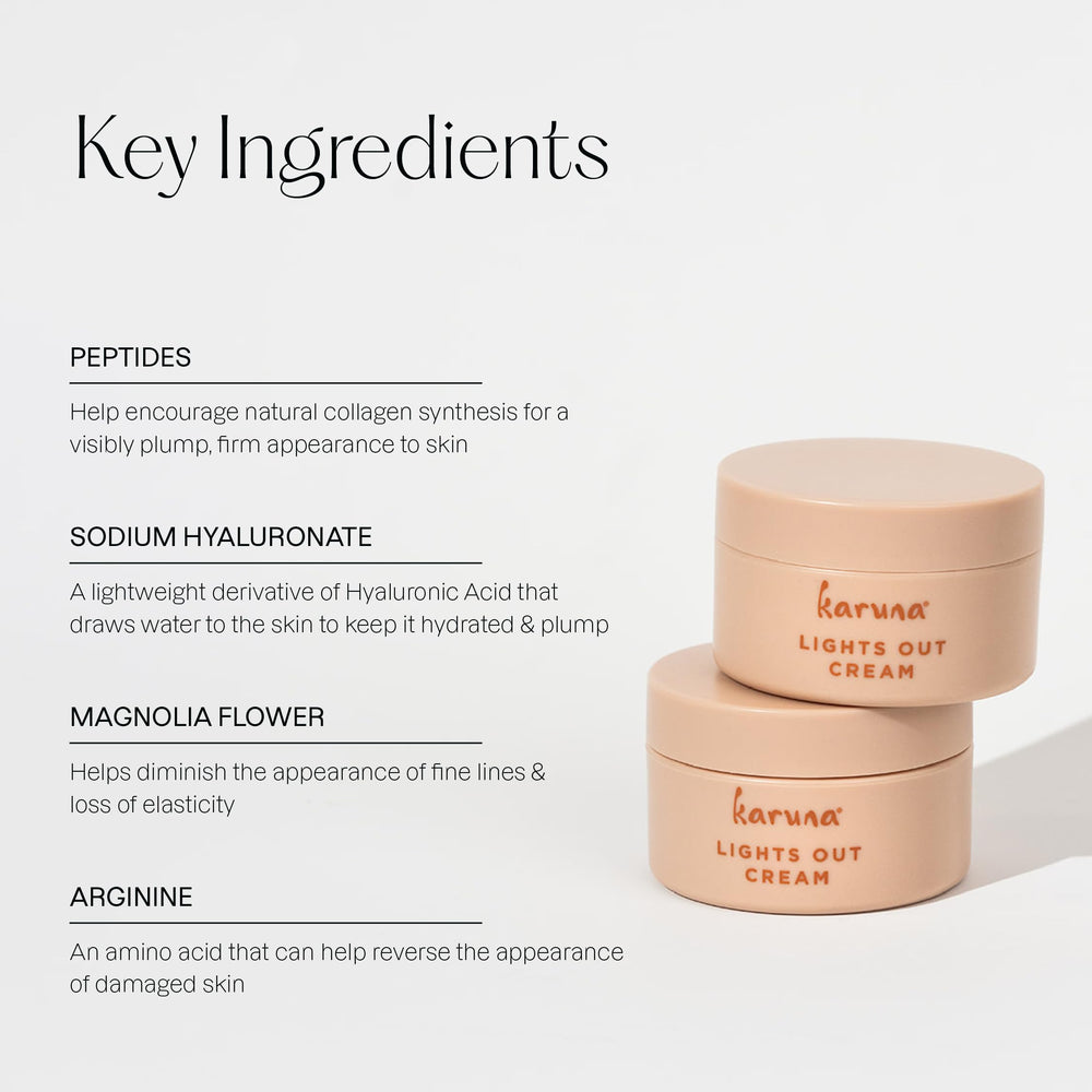 Karuna Lights Out Cream in night routine scene suggesting calm restorative sleep care.