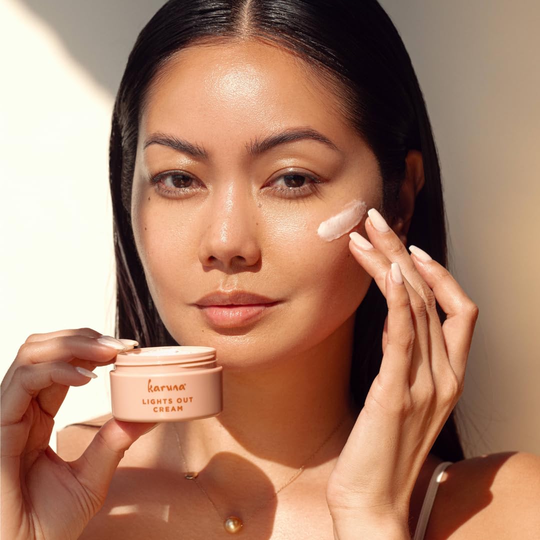 Karuna Lights Out Cream packaging emphasizing clean, parabens-free night skincare.