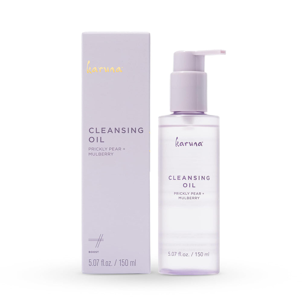 Karuna prickly pear cleansing oil in pump bottle removing makeup gently
