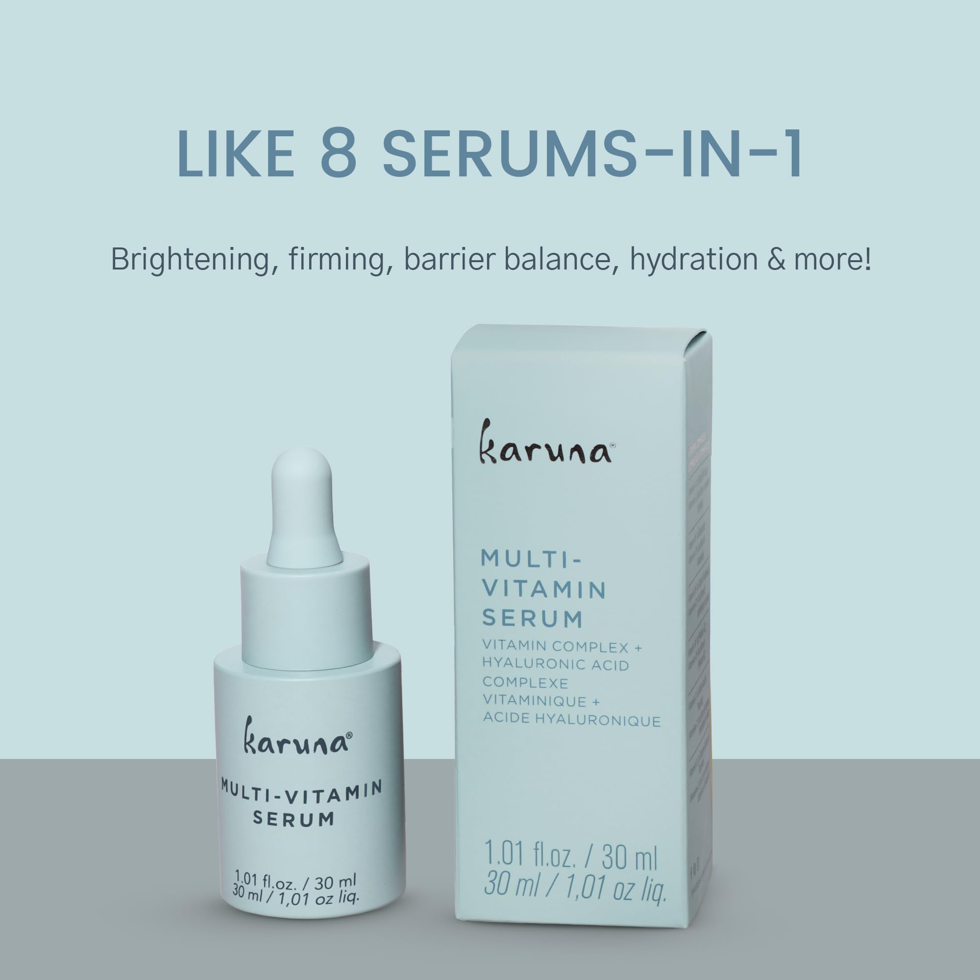 Karuna Skin day night serum application close-up shows even coverage for morning and evening care.