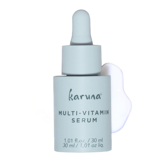 Karuna Skin multi-vitamin serum bottle ready for daily routine, delivering antioxidants for healthy-looking skin.
