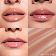 Karuna Soar tinted lip oil on lips for natural shade.