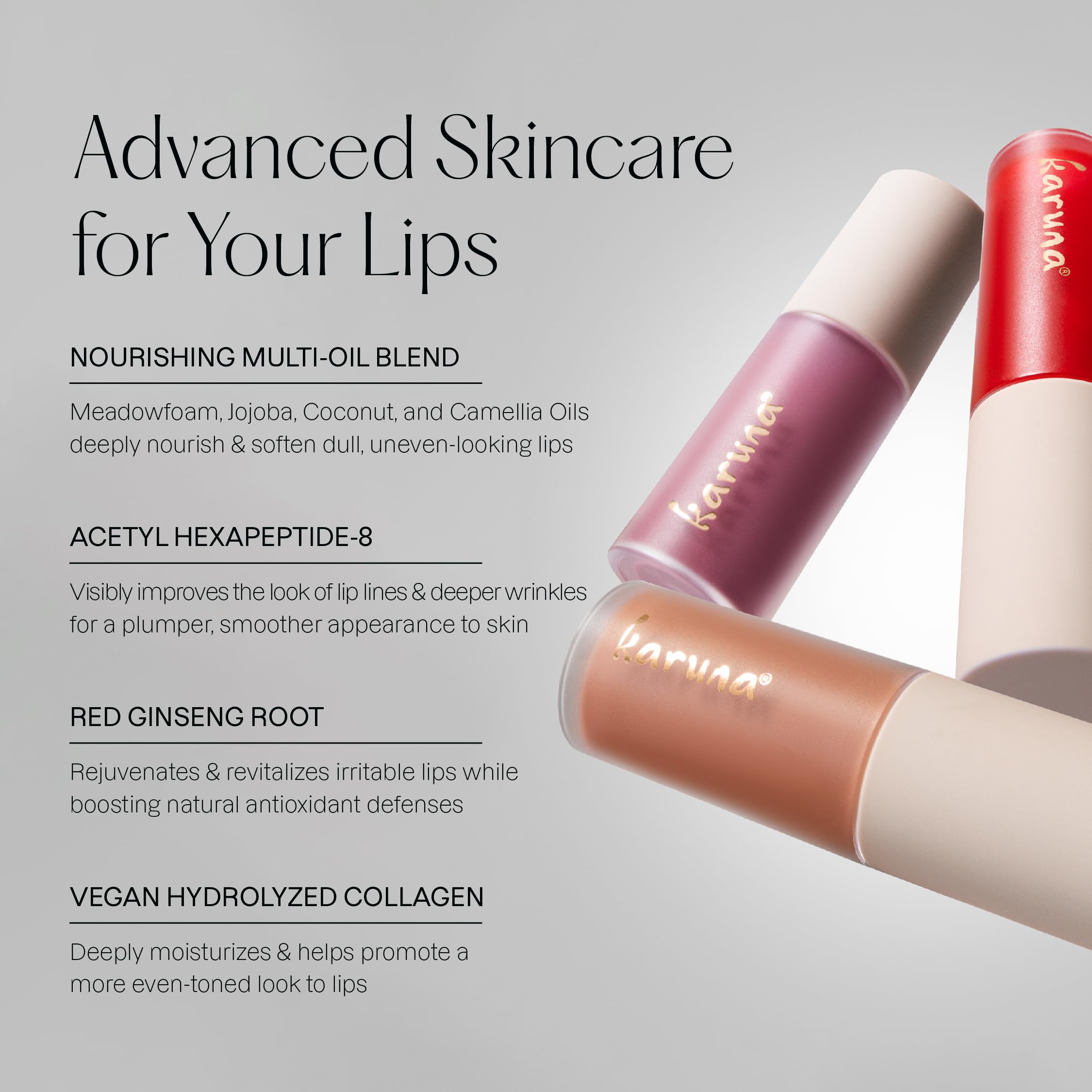 Karuna Soar lip oil application demo emphasizing easy, non sticky feel.