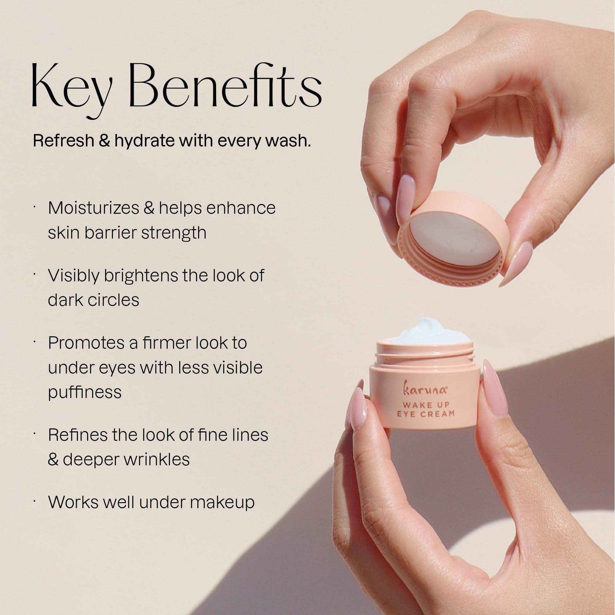 Karuna Tri-Peptide-5 formula targets wrinkles and firmness around the eyes.