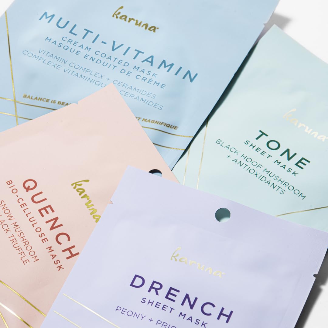 Karuna Multi-Vitamin Cream Coated mask brightens and nourishes for a radiant complexion.