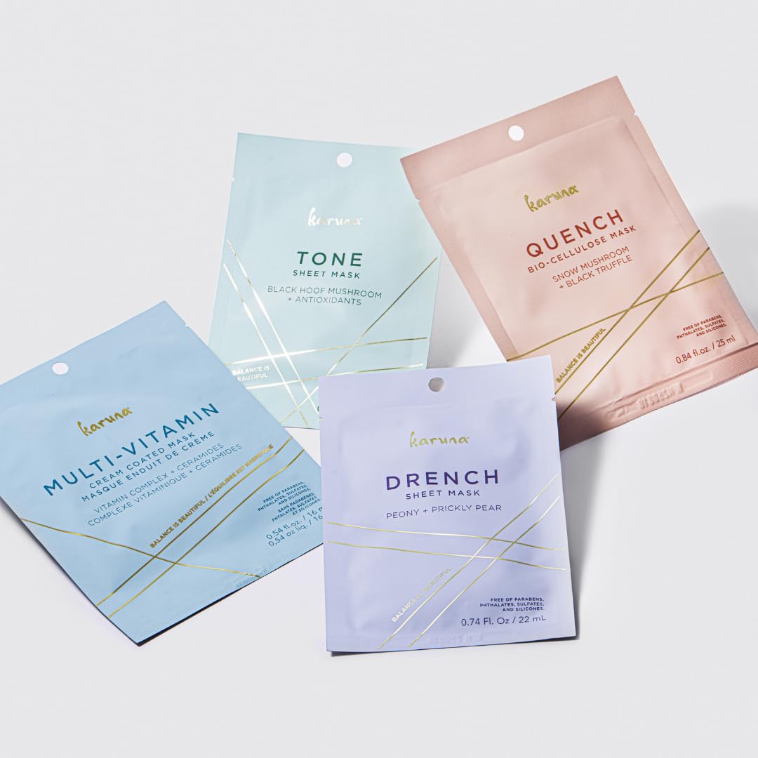 Karuna Quench mask from the Ultimate Set plumps skin with bio-cellulose moisture.