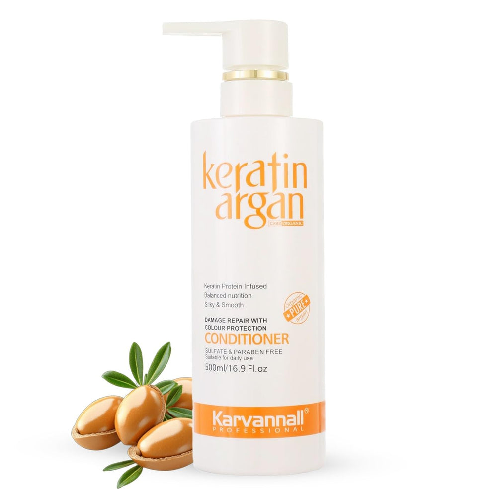 Karvannall Keratin Argan conditioner bottle highlights color protection and nourishing keratin infusion.