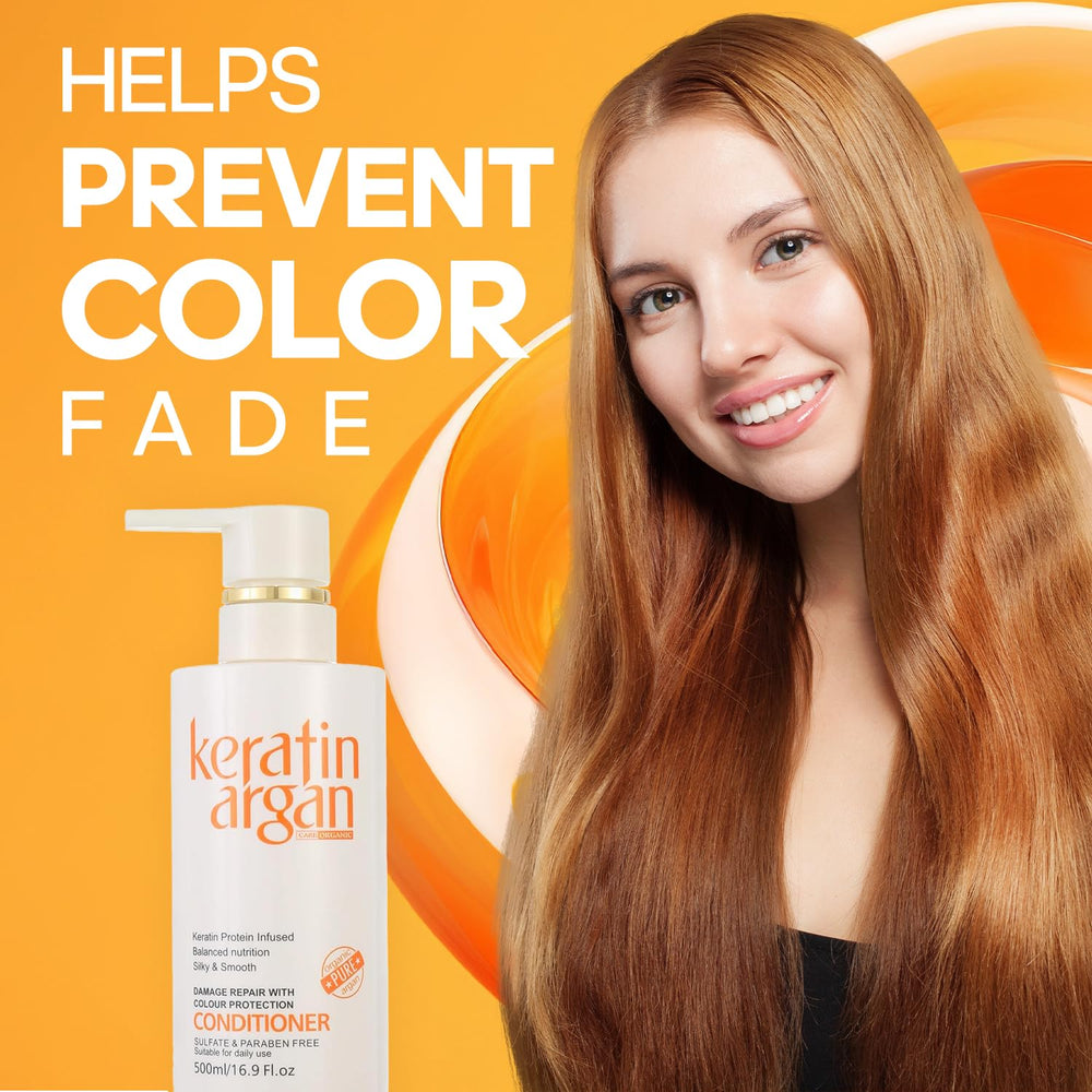Bottle of Karvannall Keratin Argan conditioner with hair strands for detangling and softness.