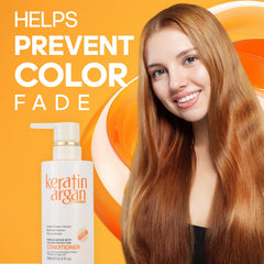 Bottle of Karvannall Keratin Argan conditioner with hair strands for detangling and softness.