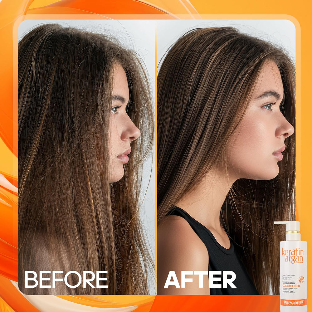 Hair section with Karvannall Keratin Argan conditioner demonstrating color protection benefits.