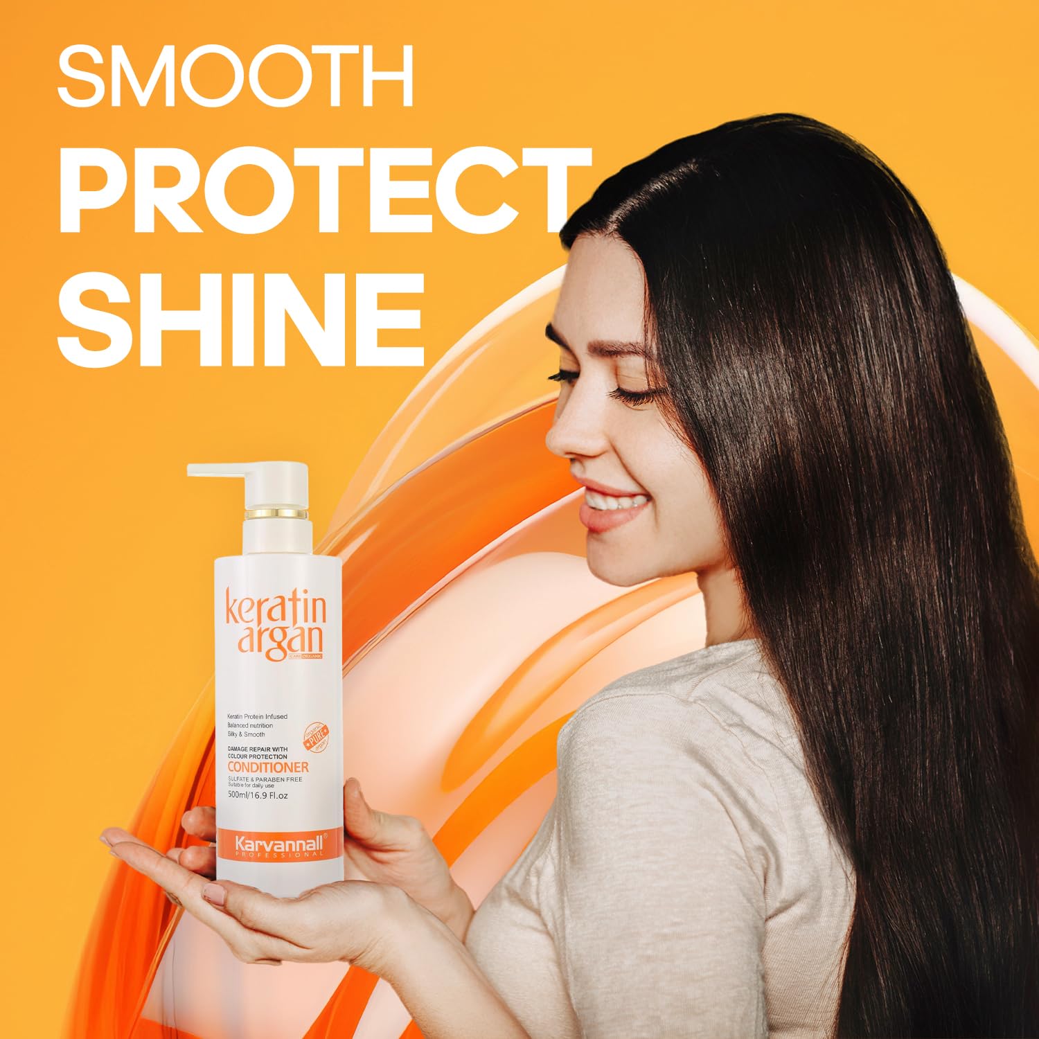 Close-up of Karvannall Keratin Argan conditioner label emphasizing sulfate-free formula.