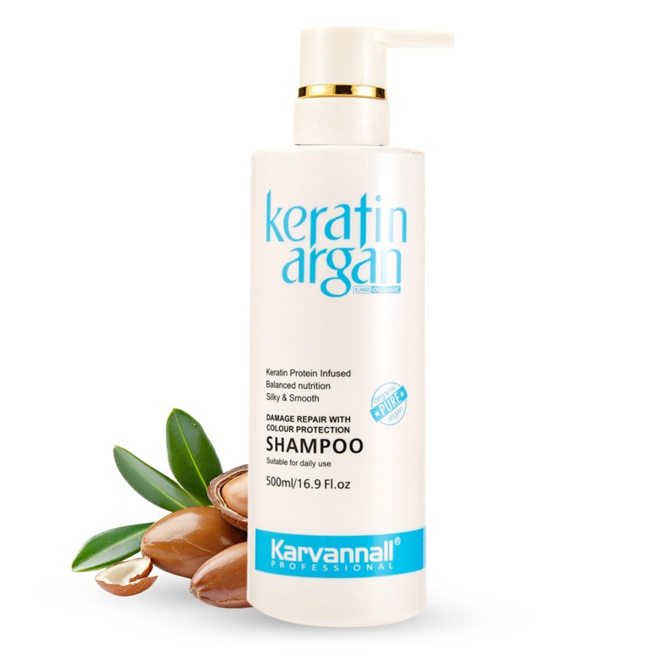 Karvannall Keratin Shampoo bottle pour shows color-safe formula for vibrant shade retention