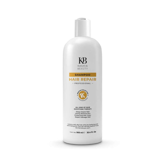 Kashia Beauty Keratin Hair Repair Shampoo bottle pour for smooth nourishment from roots to ends.