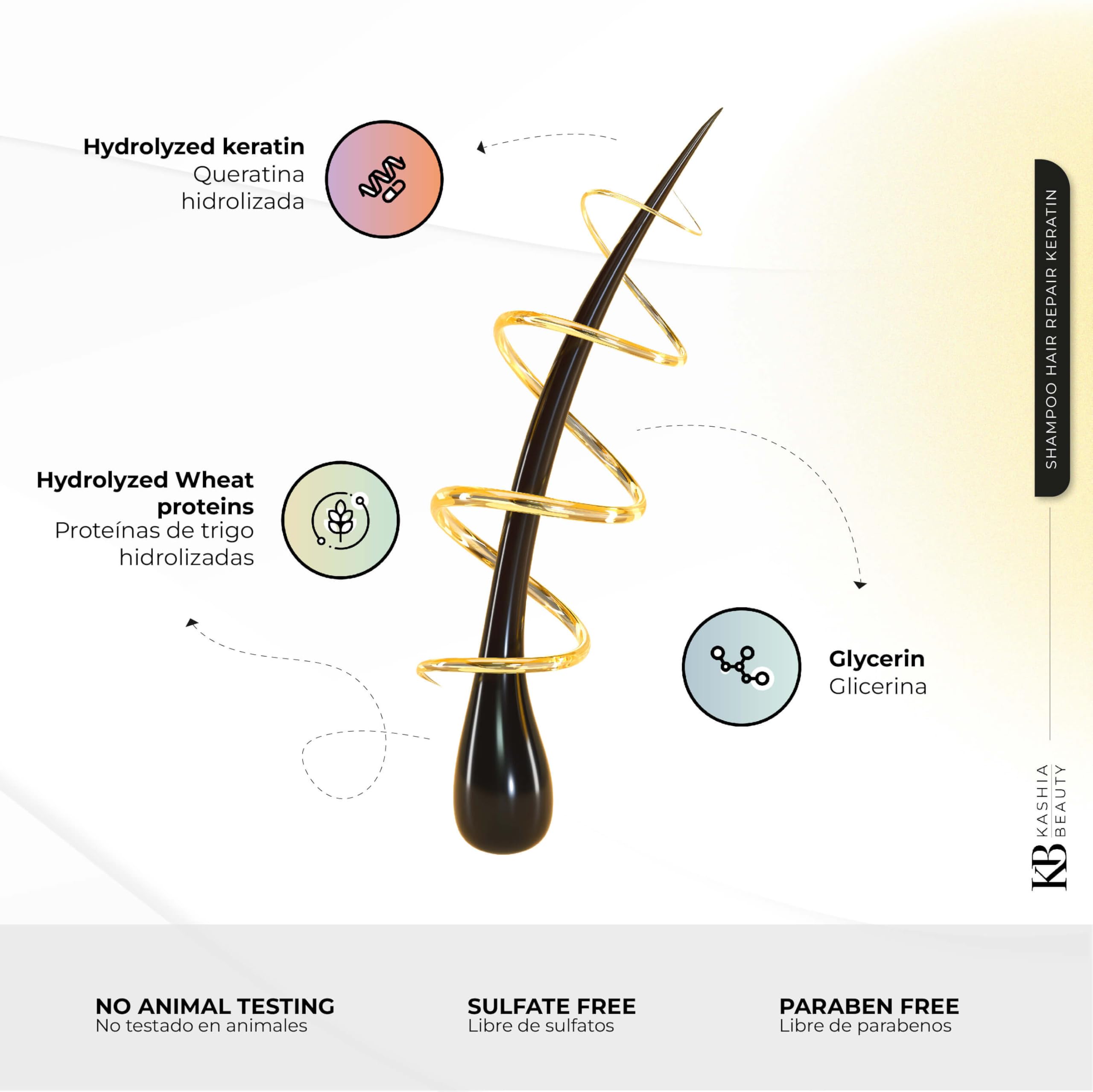 Kashia Beauty Keratin Hair Repair Shampoo ingredient panel highlights sulfate-free formula.