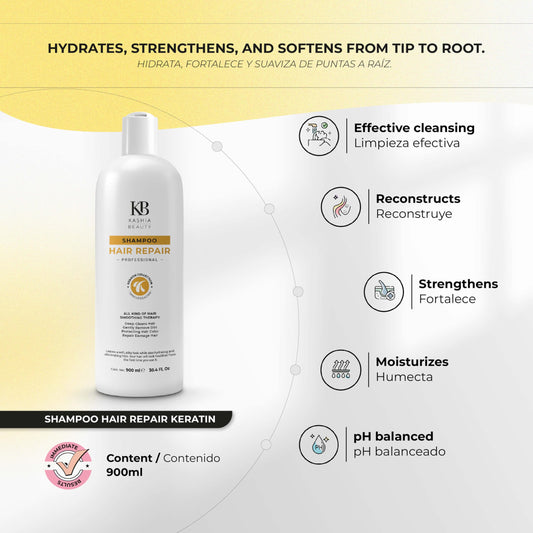 Kashia Beauty Keratin Hair Repair Shampoo label close-up showing sulfate-free formula.