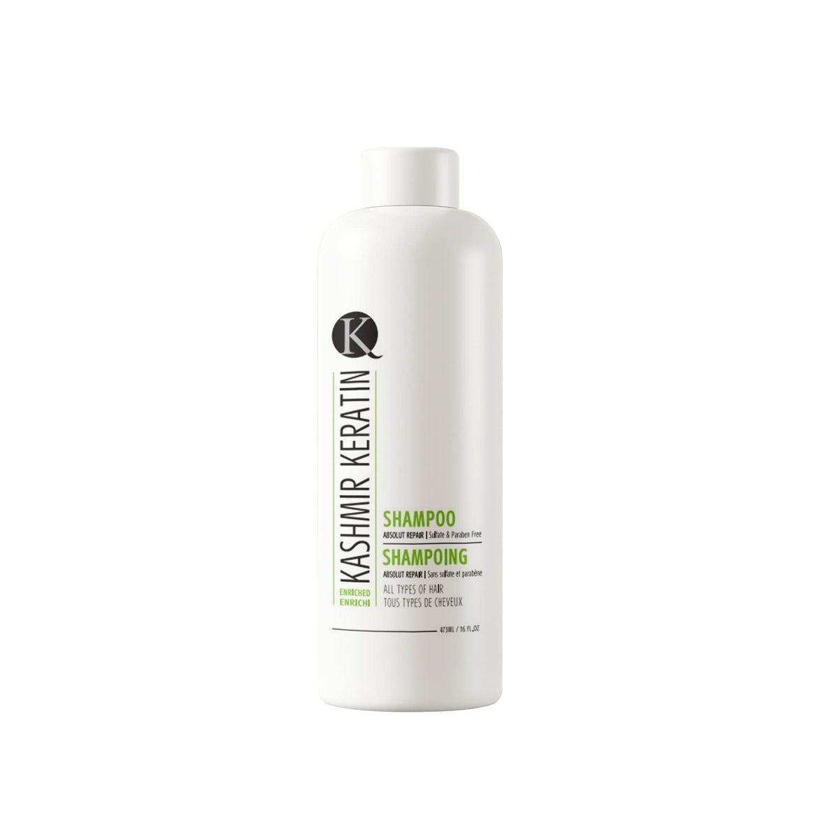 Kashmir Keratin Enriched Shampoo bottle front shows clear, gentle cleansing for all hair types.