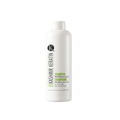 Kashmir Keratin Enriched Shampoo bottle front shows clear, gentle cleansing for all hair types.