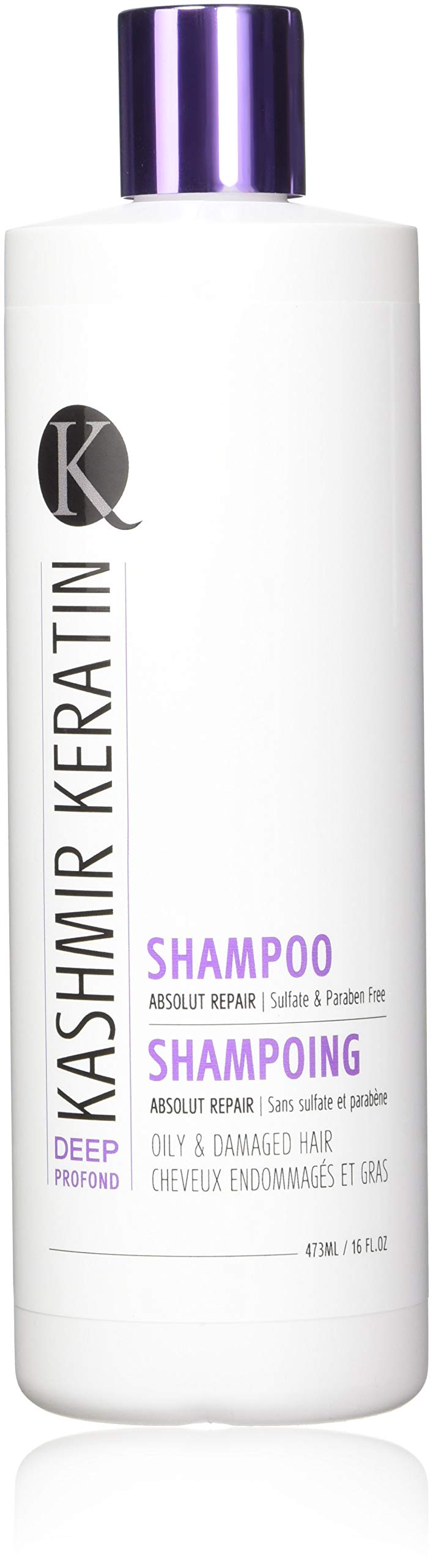 Kashmir Keratin Shampoo bottle pour demonstrating oil control and frizz reduction.