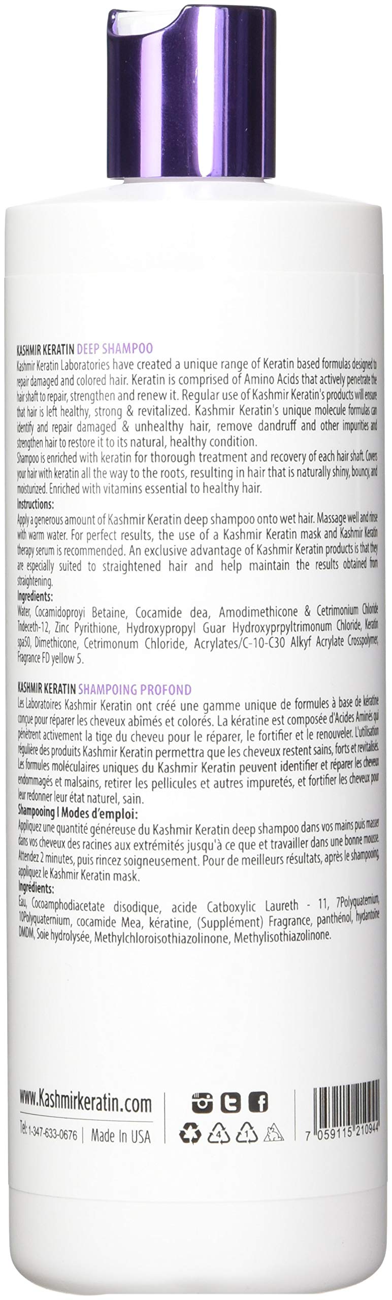 Close-up of Kashmir Keratin Shampoo bottle highlighting cleansing and hair strengthening.