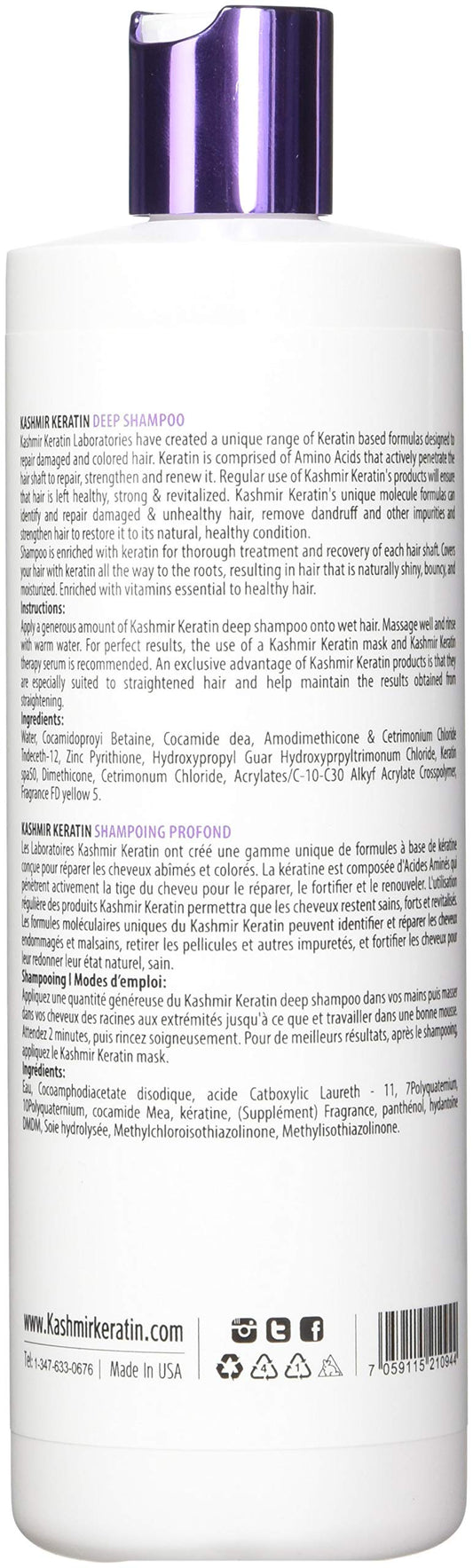 Close-up of Kashmir Keratin Shampoo bottle highlighting cleansing and hair strengthening.