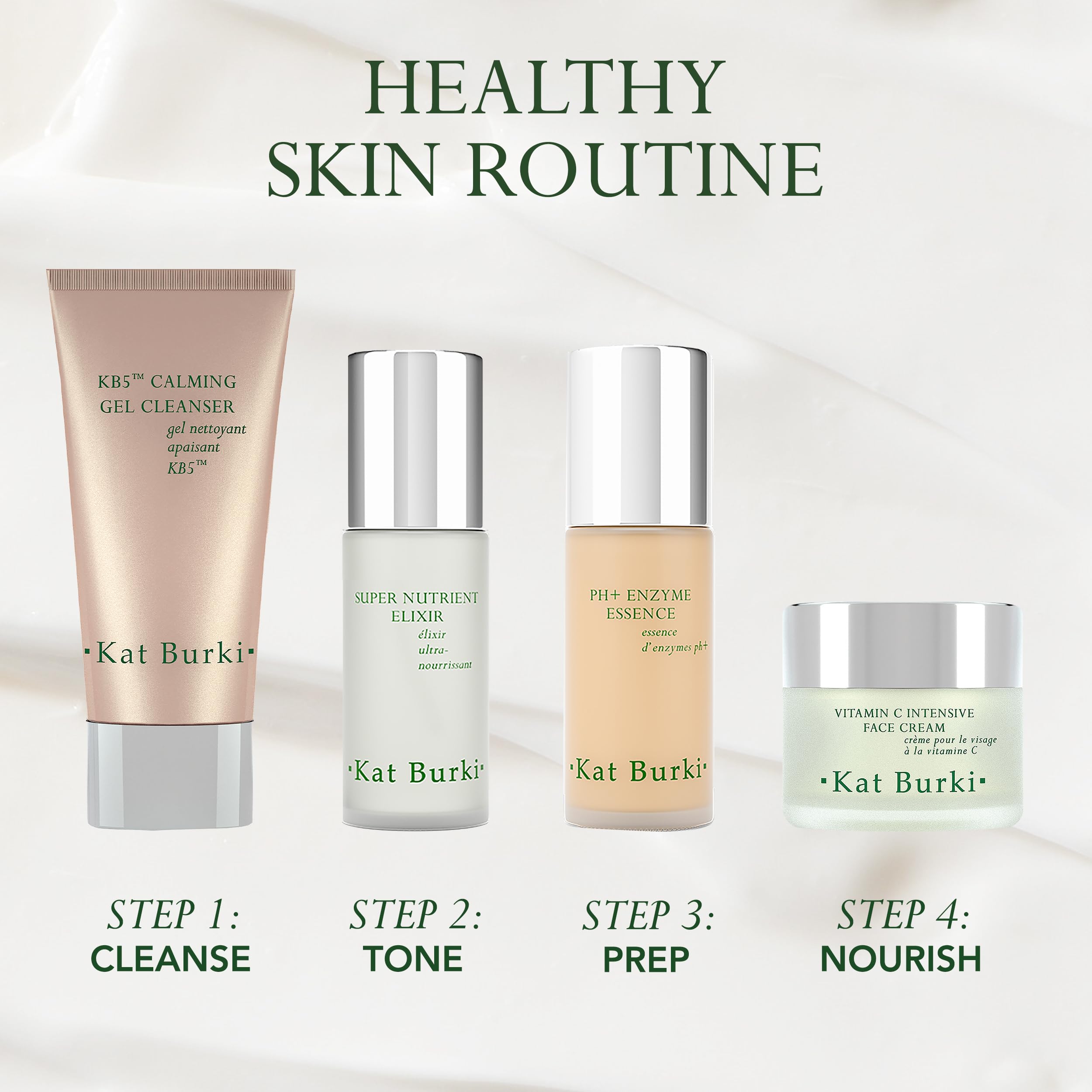 KAT BURKI soothing formula for sensitive skin on the face.