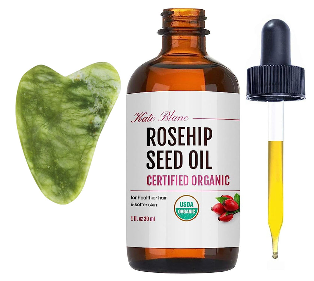 Kate Blanc Rosehip Oil bottle pouring for smooth, hydrated skin.