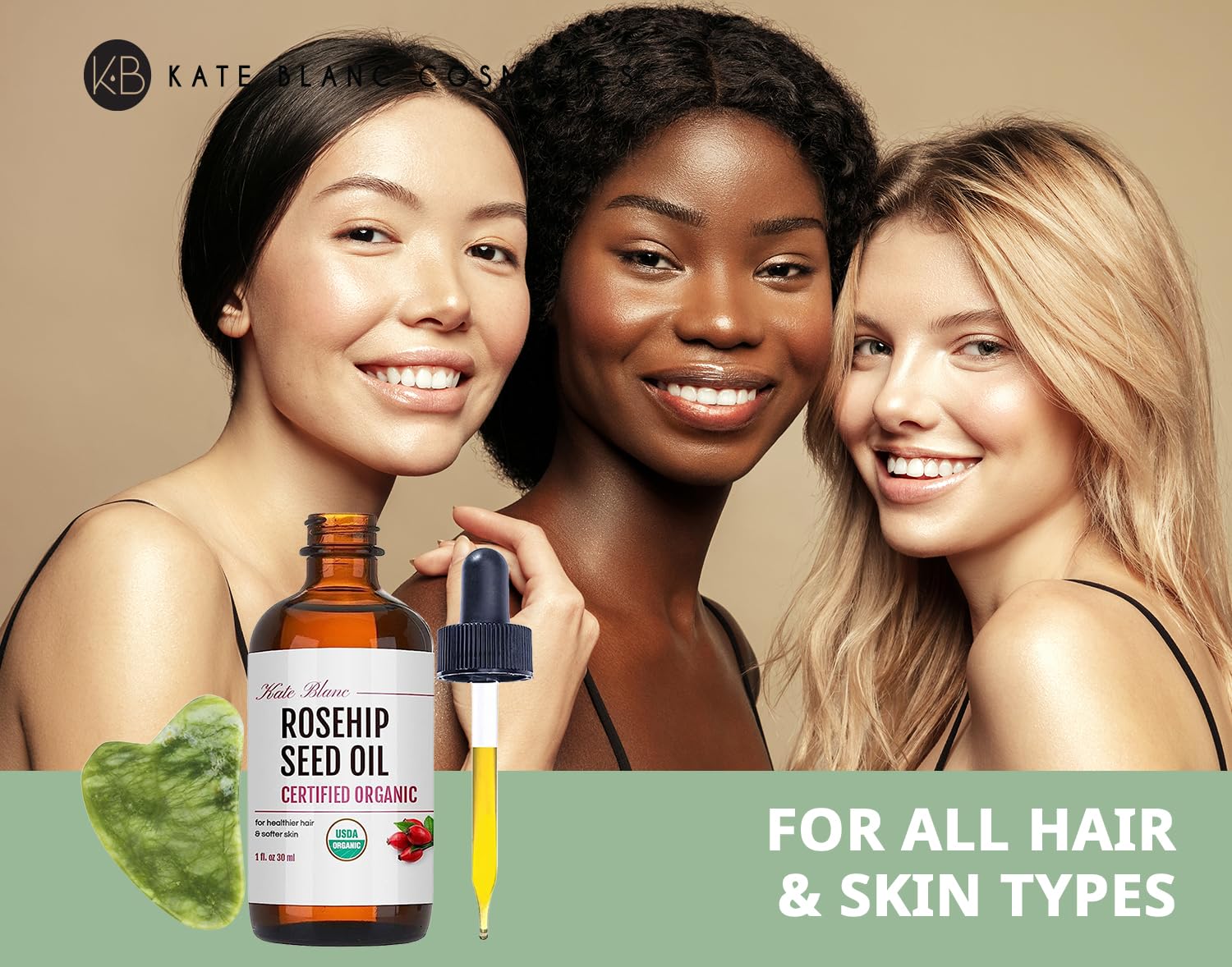 Kate Blanc Rosehip Oil used as pre-wash hair oil for silky shine.