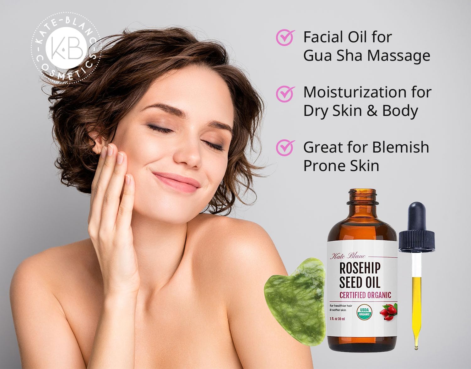 Kate Blanc Rosehip Oil bottle close-up highlighting natural nourishment and hydration.