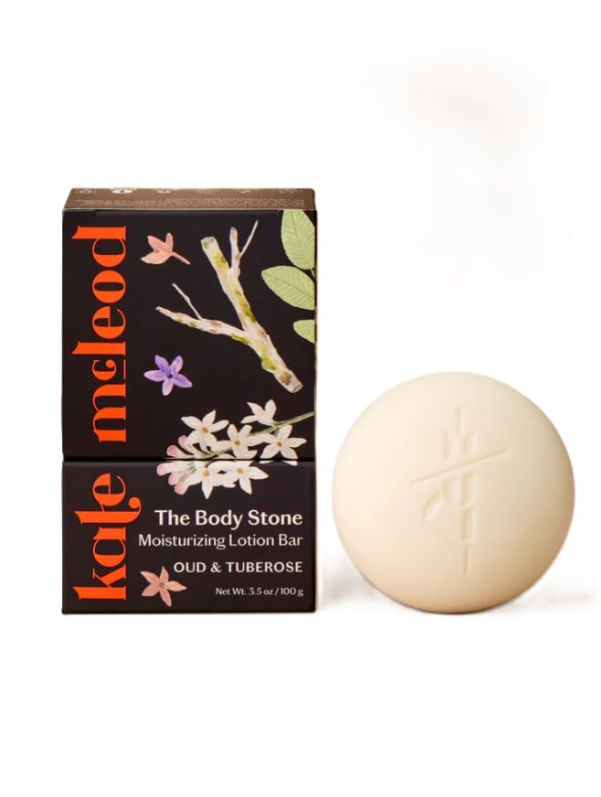 Kate McLeod Oud & Tuberose Body Stone close-up shows rich hydration.