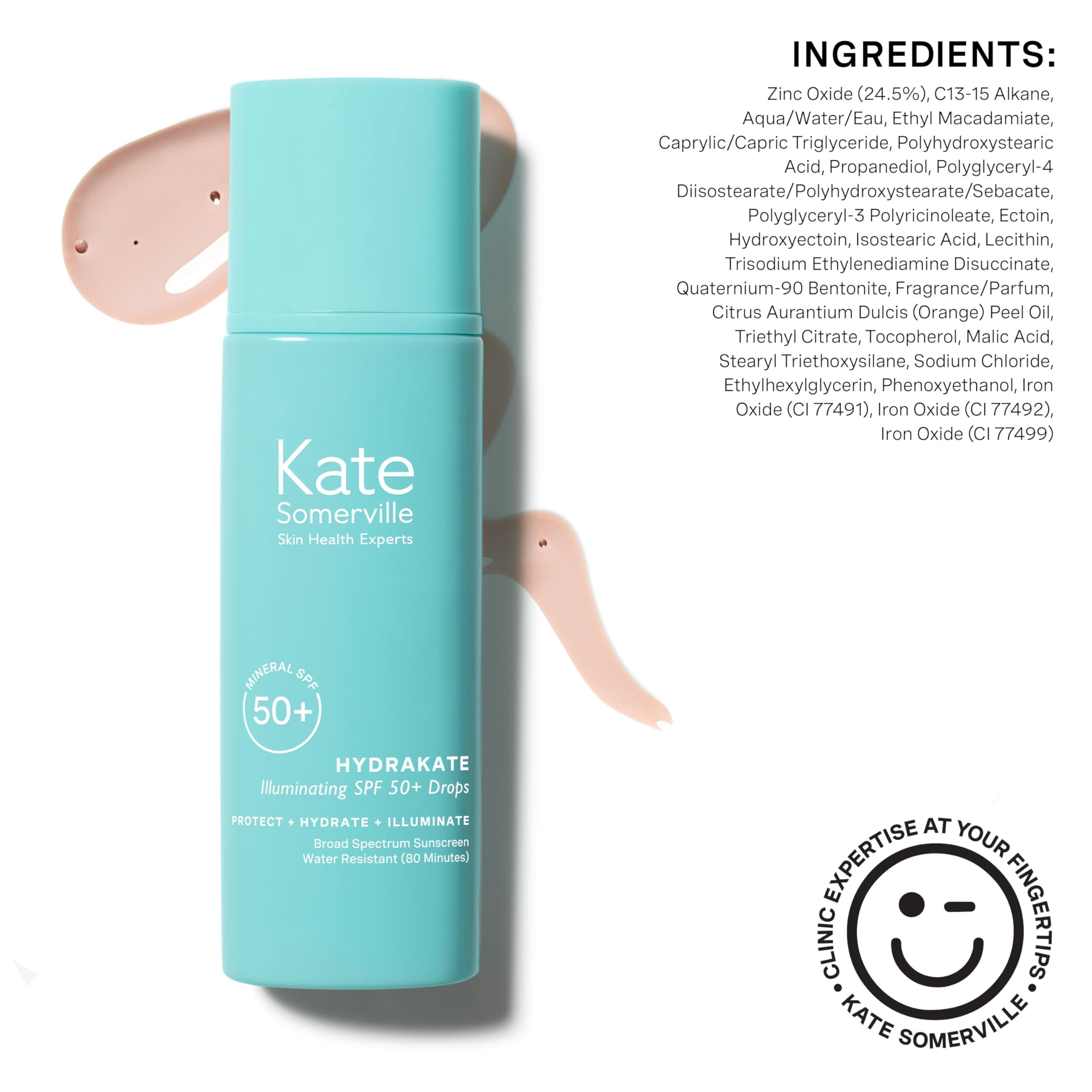 Kate Somerville HydraKate Illuminating Sunscreen Drops water-resistance concept with towel-dry cue
